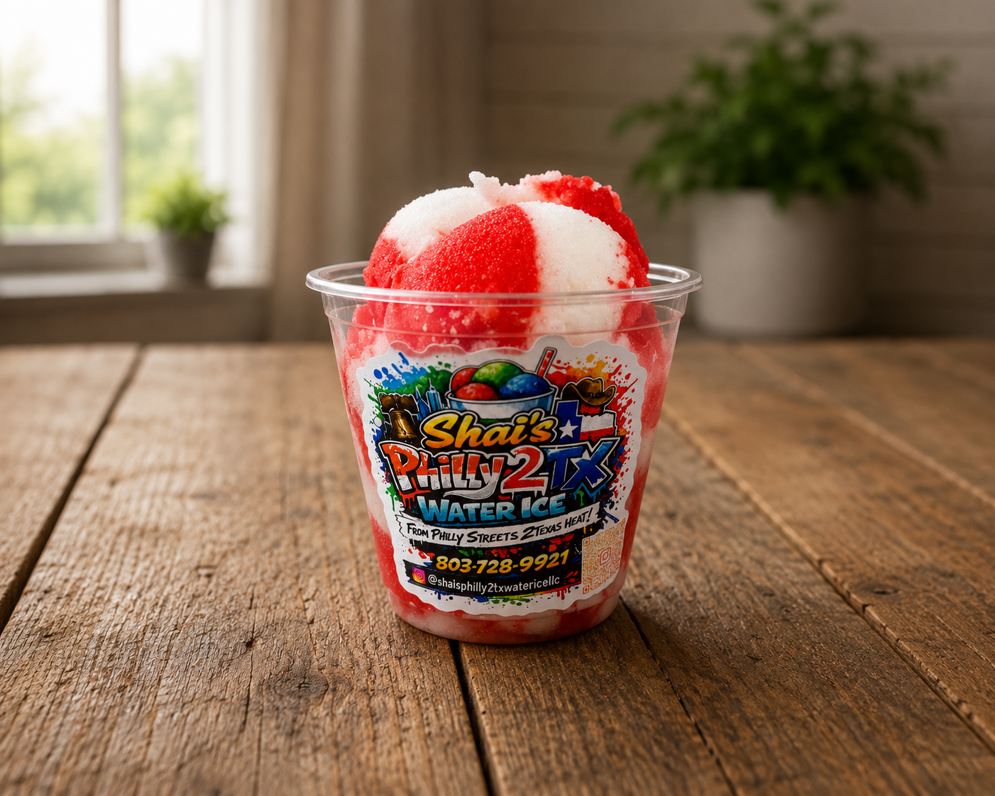 red and white water ice in clear Shai’s Philly 2TX branded cup on rustic farmhouse table with soft natural lighting, gourmet Philadelphia-style Italian ice dessert product photo.