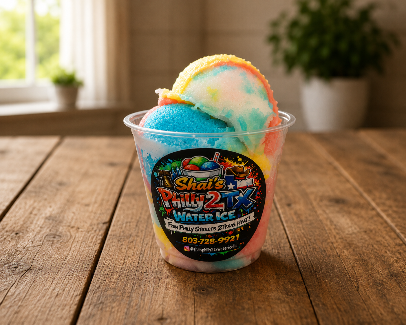 Rainbow cup of Shai’s Philly 2TX Water Ice sits on a rustic farmhouse table in a softly lit indoor setting. The clear cup features bright rainbow-colored water ice scoops in blue, yellow, pink, and white with a bold, graffiti-style Shai’s Philly 2TX label on the front. The background is softly blurred with natural light and green plants, creating a warm and inviting product photo